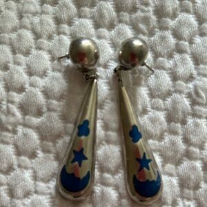 Moon and Star Sterling Silver Drop Earrings with a blue inlay.